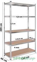 Regał stalowy magazynowy 200kg 5 poziomów 205x120x45 cm ocynkowany