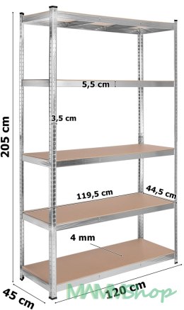 Regał stalowy magazynowy 200kg 5 poziomów 205x120x45 cm ocynkowany