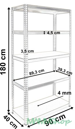 Regał magazynowy 5 poziomów 875 kg 180 x 90 x 40 cm