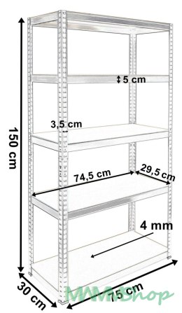 Regał magazynowy 5 poziomów 625 kg 150 x 75 x 30 cm