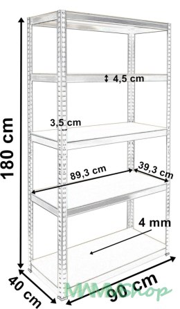 Regał magazynowy 5 poziomów 500 kg 180 x 90 x 40 cm